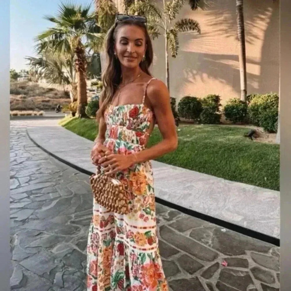 NWT FARM Rio Floral Sketch Tiered Cotton Tropical Backless Strappy Midi Dress L - Picture 2 of 11